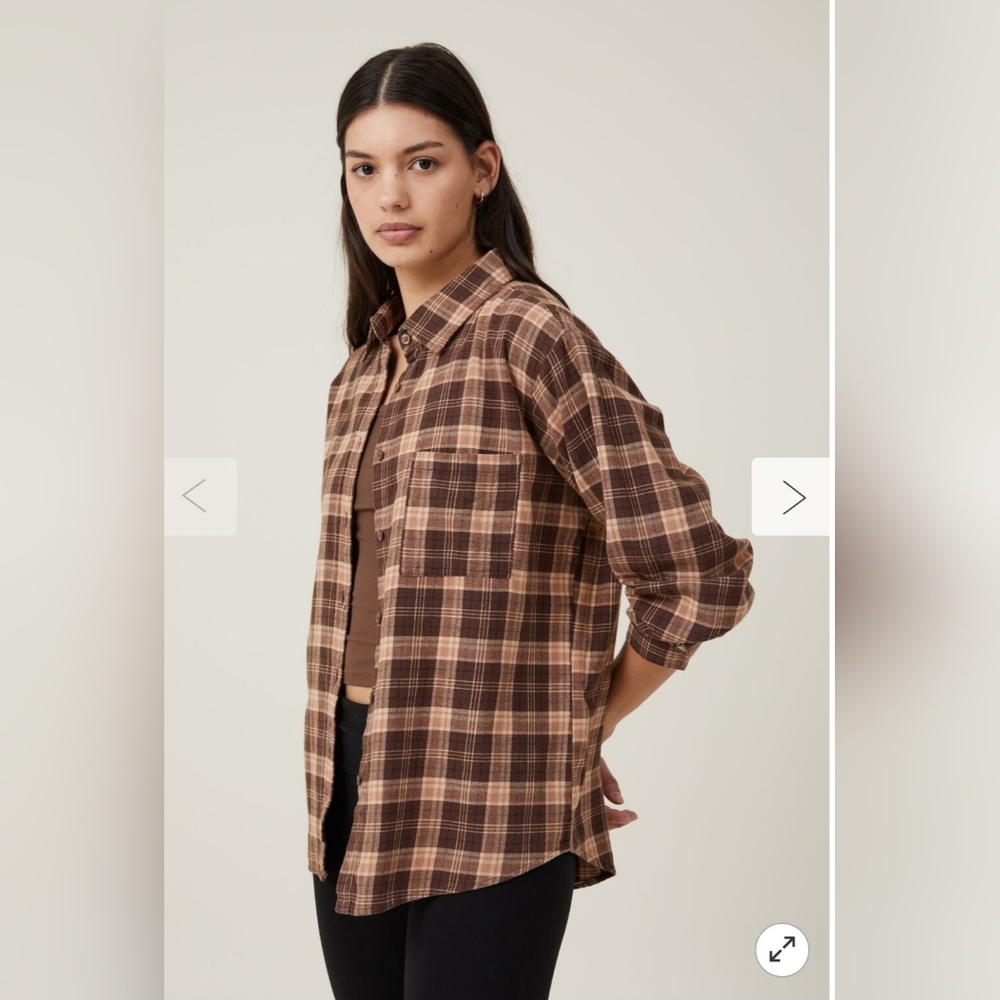 NWT Checkered Brown Boyfriend Flannel Shirt